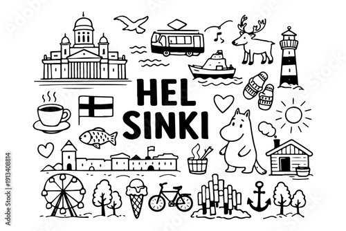 Helsinki Finland travel doodle set, hand drawn nordic city landmarks, finnish symbols and winter activities in line art style