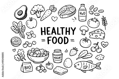 Healthy food doodle set, hand drawn organic nutrition symbols and wellness snacks in line art style
