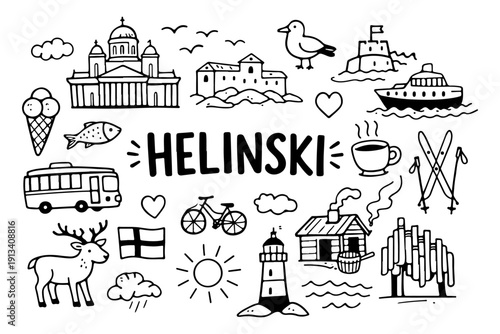Helsinki Finland travel doodle set, hand drawn nordic city landmarks, finnish symbols and winter activities in line art style