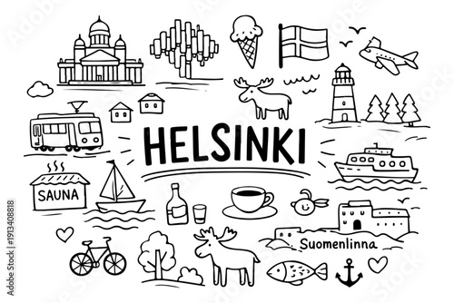 Helsinki Finland travel doodle set, hand drawn nordic city landmarks, finnish symbols and winter activities in line art style