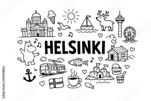 Helsinki Finland travel doodle set, hand drawn nordic city landmarks, finnish symbols and winter activities in line art style
