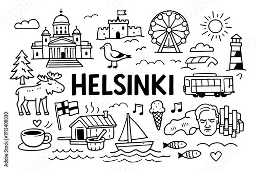 Helsinki Finland travel doodle set, hand drawn nordic city landmarks, finnish symbols and winter activities in line art style