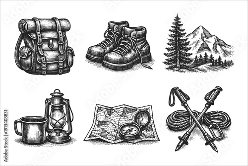 Vintage hiking and camping engraving set, antique outdoor adventure sketch with mountains, backpack, compass and campfire in woodcut style