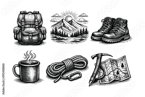 Vintage hiking and camping engraving set, antique outdoor adventure sketch with mountains, backpack, compass and campfire in woodcut style