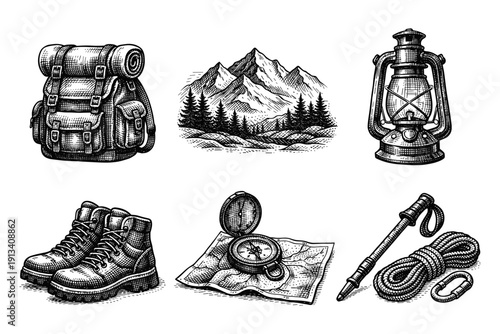 Vintage hiking and camping engraving set, antique outdoor adventure sketch with mountains, backpack, compass and campfire in woodcut style