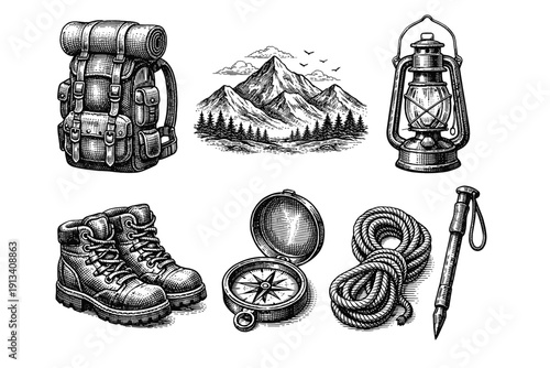 Vintage hiking and camping engraving set, antique outdoor adventure sketch with mountains, backpack, compass and campfire in woodcut style