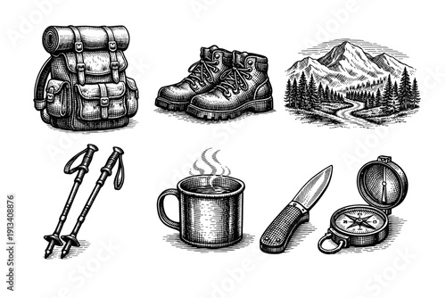 Vintage hiking and camping engraving set, antique outdoor adventure sketch with mountains, backpack, compass and campfire in woodcut style