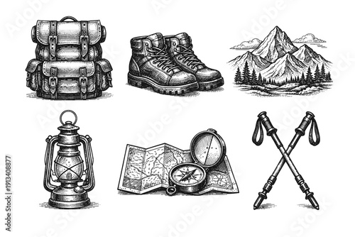 Vintage hiking and camping engraving set, antique outdoor adventure sketch with mountains, backpack, compass and campfire in woodcut style