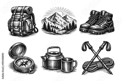 Vintage hiking and camping engraving set, antique outdoor adventure sketch with mountains, backpack, compass and campfire in woodcut style