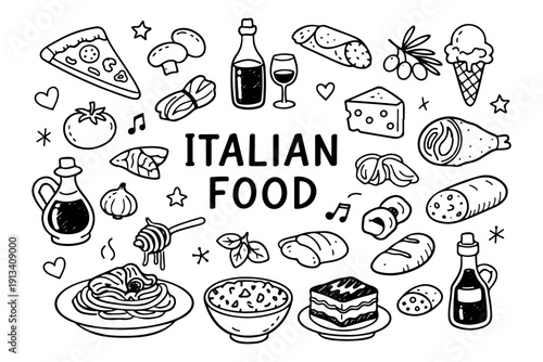Italian food doodle set, hand drawn traditional Mediterranean cuisine, pasta, pizza and olive oil illustration in line art style