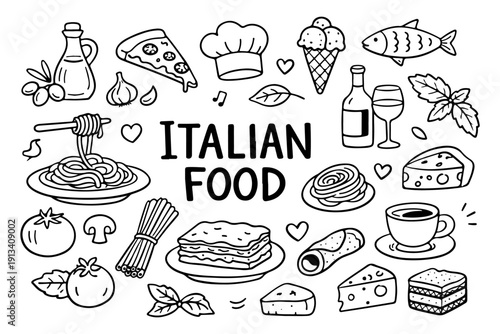 Italian food doodle set, hand drawn traditional Mediterranean cuisine, pasta, pizza and olive oil illustration in line art style