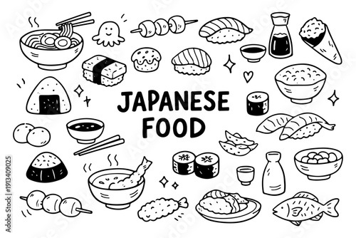 Japanese food doodle set, hand drawn traditional asian cuisine symbols, sushi, ramen and seafood illustration in line art style