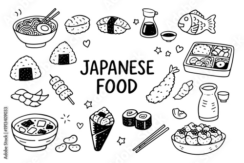 Japanese food doodle set, hand drawn traditional asian cuisine symbols, sushi, ramen and seafood illustration in line art style