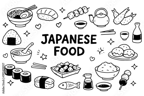 Japanese food doodle set, hand drawn traditional asian cuisine symbols, sushi, ramen and seafood illustration in line art style