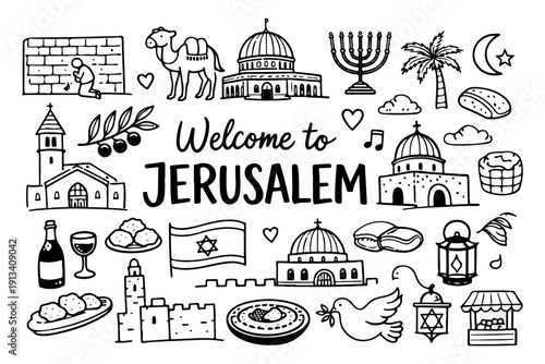 Jerusalem Israel travel doodle set, hand drawn holy city landmarks, religious symbols and middle eastern food in line art style