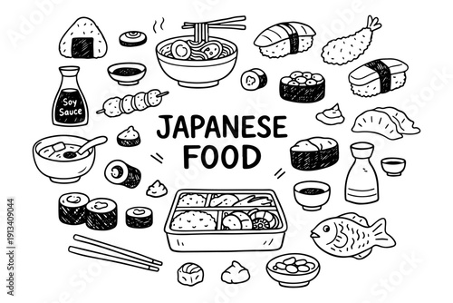 Japanese food doodle set, hand drawn traditional asian cuisine symbols, sushi, ramen and seafood illustration in line art style