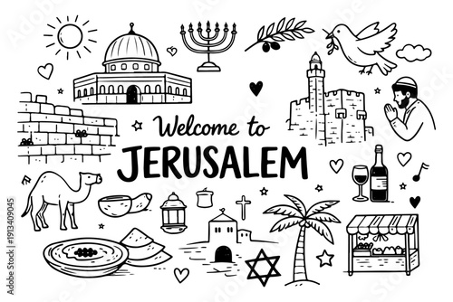 Jerusalem Israel travel doodle set, hand drawn holy city landmarks, religious symbols and middle eastern food in line art style