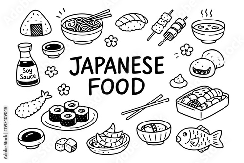 Japanese food doodle set, hand drawn traditional asian cuisine symbols, sushi, ramen and seafood illustration in line art style