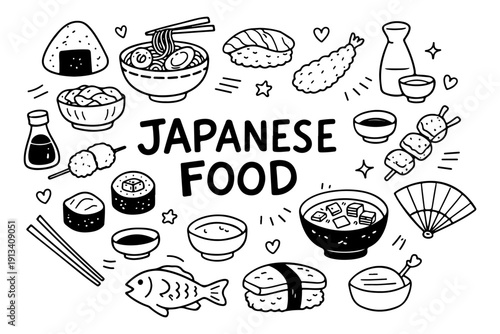 Japanese food doodle set, hand drawn traditional asian cuisine symbols, sushi, ramen and seafood illustration in line art style