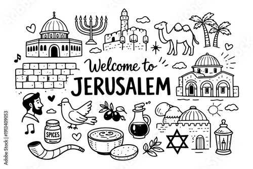 Jerusalem Israel travel doodle set, hand drawn holy city landmarks, religious symbols and middle eastern food in line art style