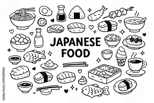 Japanese food doodle set, hand drawn traditional asian cuisine symbols, sushi, ramen and seafood illustration in line art style
