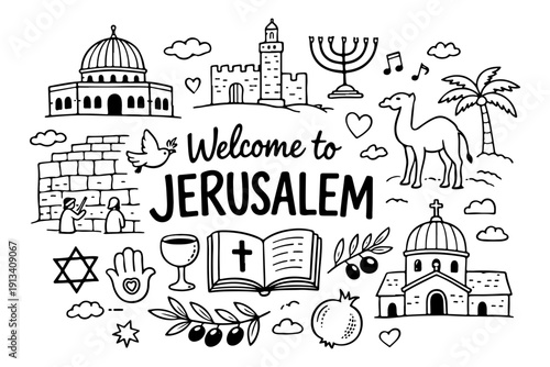 Jerusalem Israel travel doodle set, hand drawn holy city landmarks, religious symbols and middle eastern food in line art style