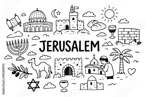 Jerusalem Israel travel doodle set, hand drawn holy city landmarks, religious symbols and middle eastern food in line art style