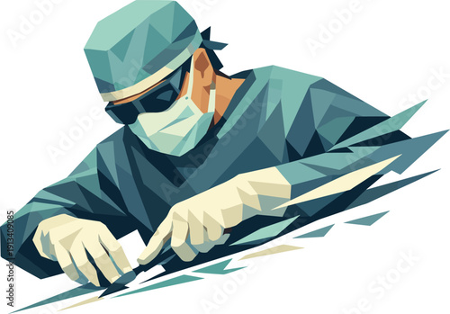 Low-poly vector illustration of a surgeon initiating a precise surgical motion, dynamic yet restrained diagonal composition with