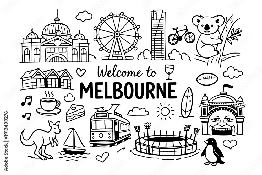 Fototapeta premium Melbourne Australia travel doodle set, hand drawn city landmarks, australian animals, coffee culture and different other icons in line art style