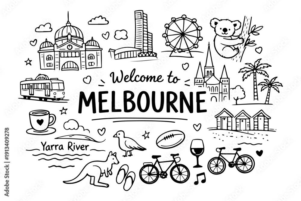 Fototapeta premium Melbourne Australia travel doodle set, hand drawn city landmarks, australian animals, coffee culture and different other icons in line art style