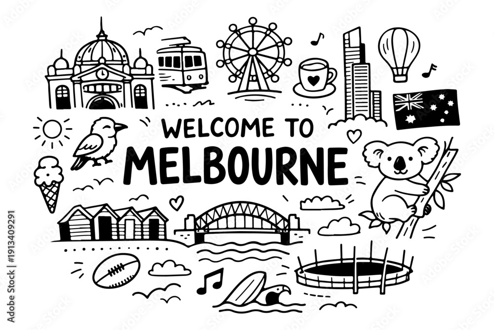 Fototapeta premium Melbourne Australia travel doodle set, hand drawn city landmarks, australian animals, coffee culture and different other icons in line art style