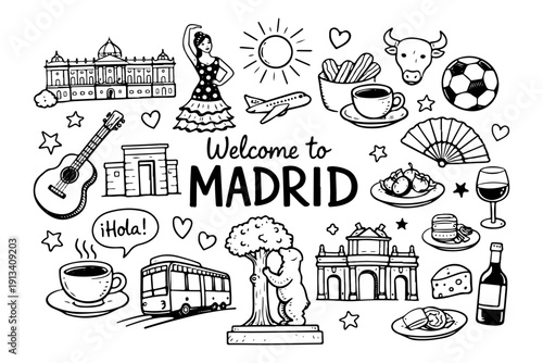 Madrid Spain travel doodle set, hand drawn spanish landmarks, cultural symbols, flamenco and traditional food in line art style