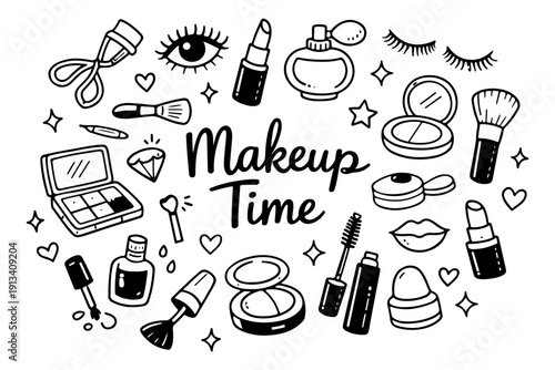 Makeup and beauty doodle set, hand drawn cosmetic accessories, lipstick, eyeshadow palette and brushes illustration in line art style