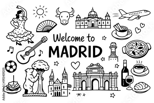 Madrid Spain travel doodle set, hand drawn spanish landmarks, cultural symbols, flamenco and traditional food in line art style