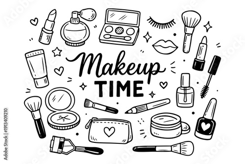 Makeup and beauty doodle set, hand drawn cosmetic accessories, lipstick, eyeshadow palette and brushes illustration in line art style