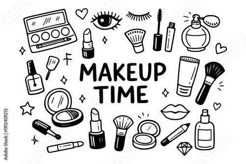 Makeup and beauty doodle set, hand drawn cosmetic accessories, lipstick, eyeshadow palette and brushes illustration in line art style