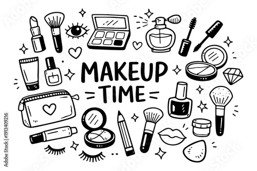 Makeup and beauty doodle set, hand drawn cosmetic accessories, lipstick, eyeshadow palette and brushes illustration in line art style