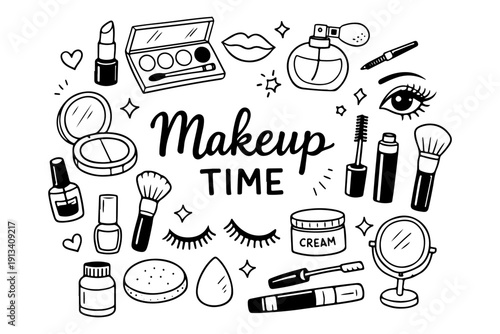 Makeup and beauty doodle set, hand drawn cosmetic accessories, lipstick, eyeshadow palette and brushes illustration in line art style