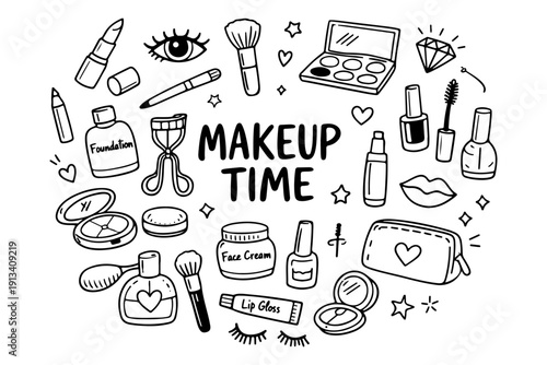 Makeup and beauty doodle set, hand drawn cosmetic accessories, lipstick, eyeshadow palette and brushes illustration in line art style