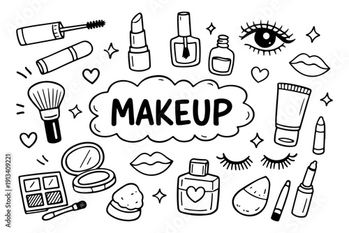 Makeup and beauty doodle set, hand drawn cosmetic accessories, lipstick, eyeshadow palette and brushes illustration in line art style