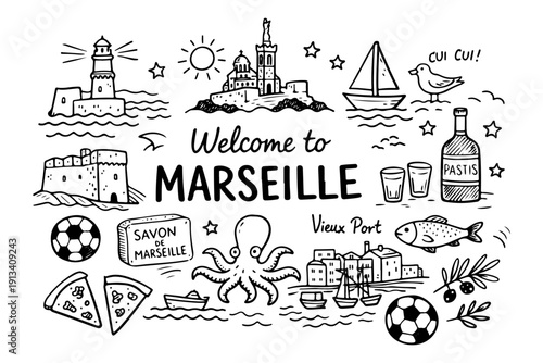 Marseille France travel doodle set, hand drawn provence landmarks, mediterranean sea symbols and traditional food in line art style