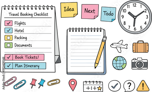 Desk calendar page, notebook, sticky notes and a wall clock, checkmarks and event blocks for Travel booking checklist with tabs,