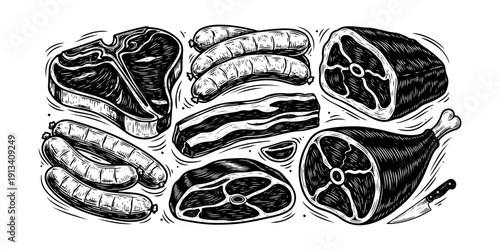 Vintage butchery and meat assortment engraving set, antique sketch of steak, ham, sausages and bacon in woodcut style isolated