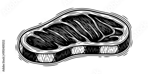 Vintage beef steak engraving, antique meat sketch and raw ribeye illustration in woodcut style isolated