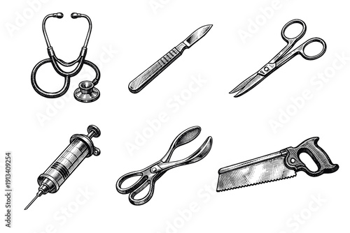 Vintage medical tools and healthcare engraving set, antique doctor equipment symbols in woodcut style