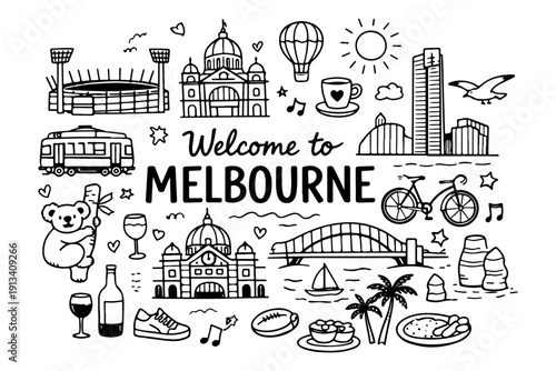 Melbourne Australia travel doodle set, hand drawn city landmarks, australian animals, coffee culture and different other icons in line art style