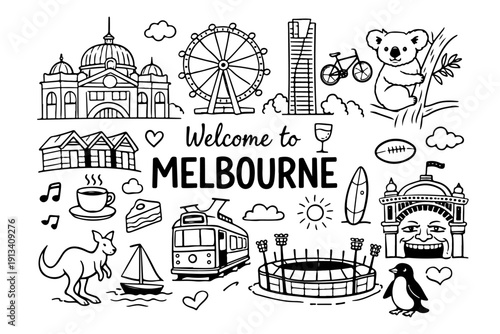 Melbourne Australia travel doodle set, hand drawn city landmarks, australian animals, coffee culture and different other icons in line art style