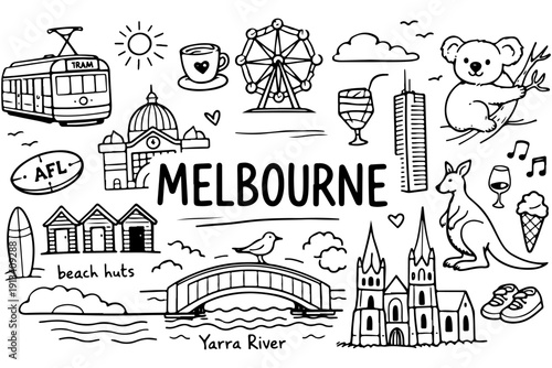 Melbourne Australia travel doodle set, hand drawn city landmarks, australian animals, coffee culture and different other icons in line art style