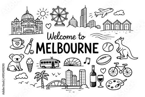 Melbourne Australia travel doodle set, hand drawn city landmarks, australian animals, coffee culture and different other icons in line art style