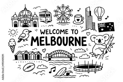 Melbourne Australia travel doodle set, hand drawn city landmarks, australian animals, coffee culture and different other icons in line art style